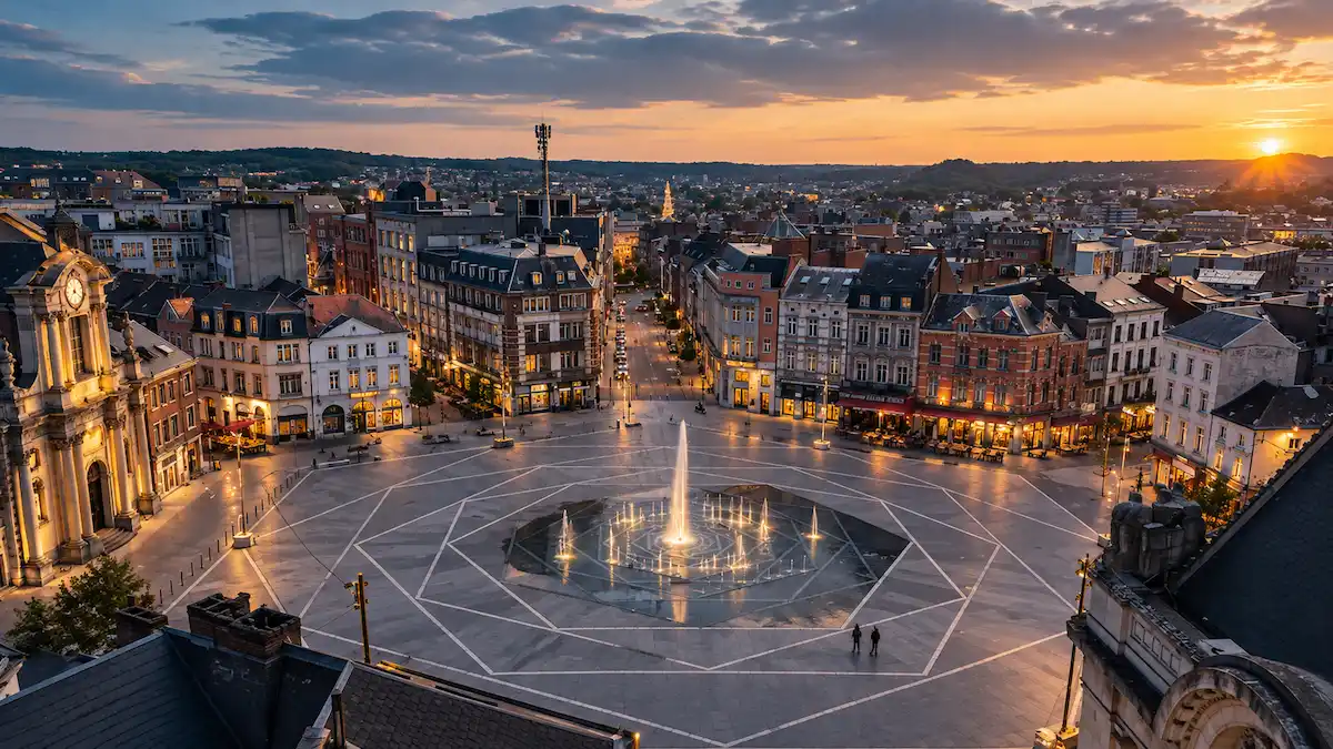 Illustration d’une place de Charleroi au coucher du soleil